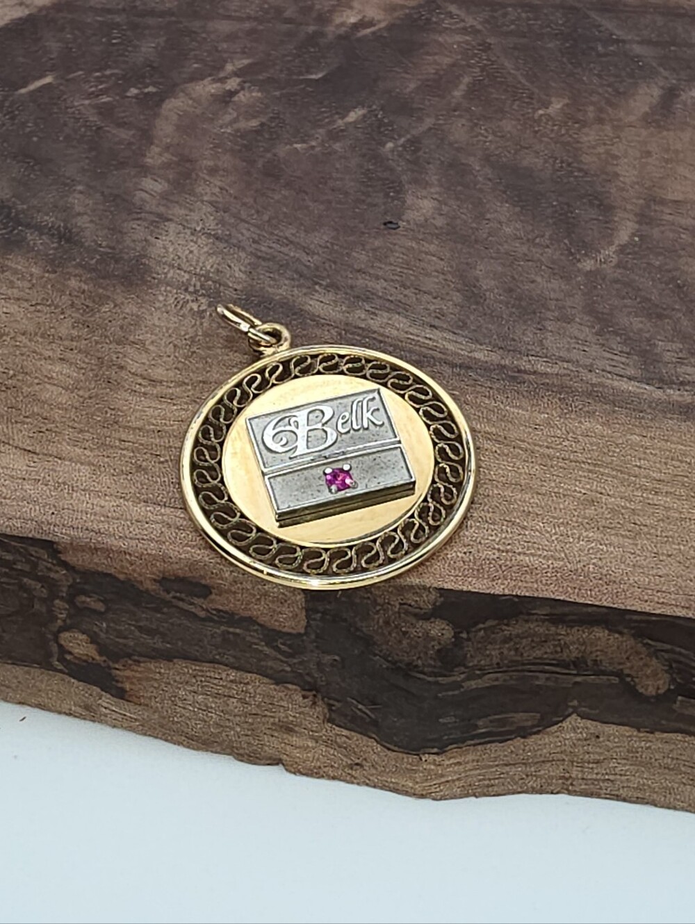 Vintage MCM Belk Service Award Pendant 9ct White Gold Round Filigree Medallion